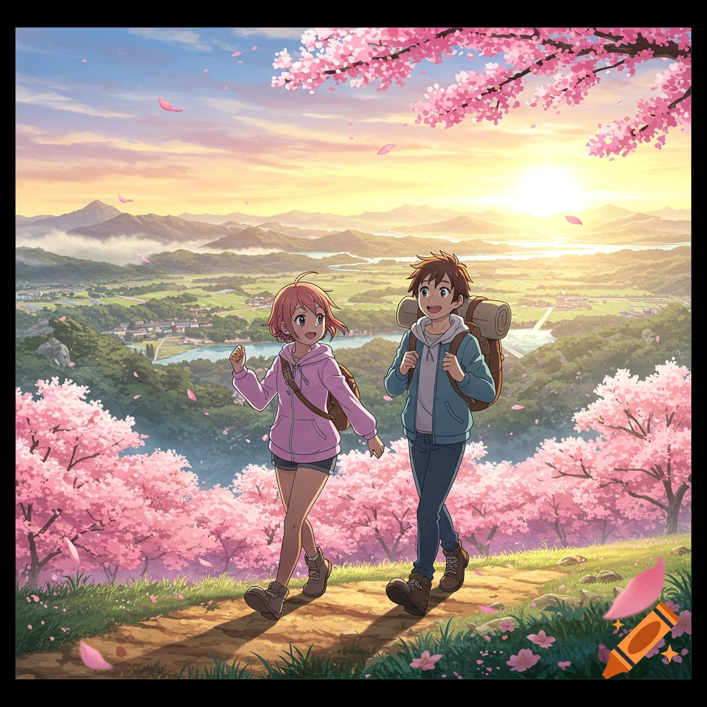 Anime boy and girl hike through a cherry blossom landscape at sunset, overlooking a valley with mountains and a river.