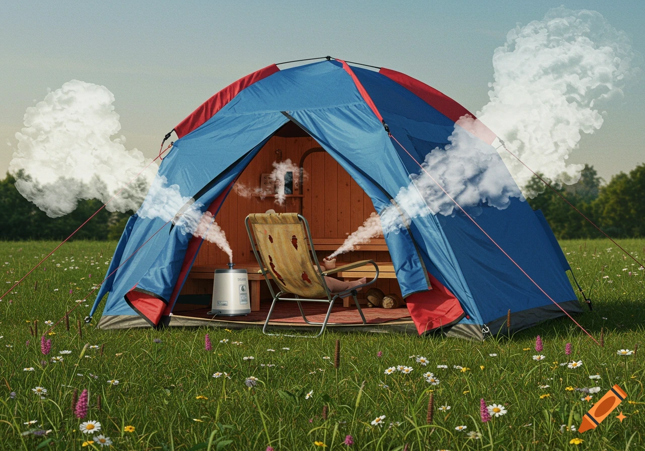 A blue and red tent in a grassy field acts as a sauna with a person relaxing in a chair, steam billowing inside and out.