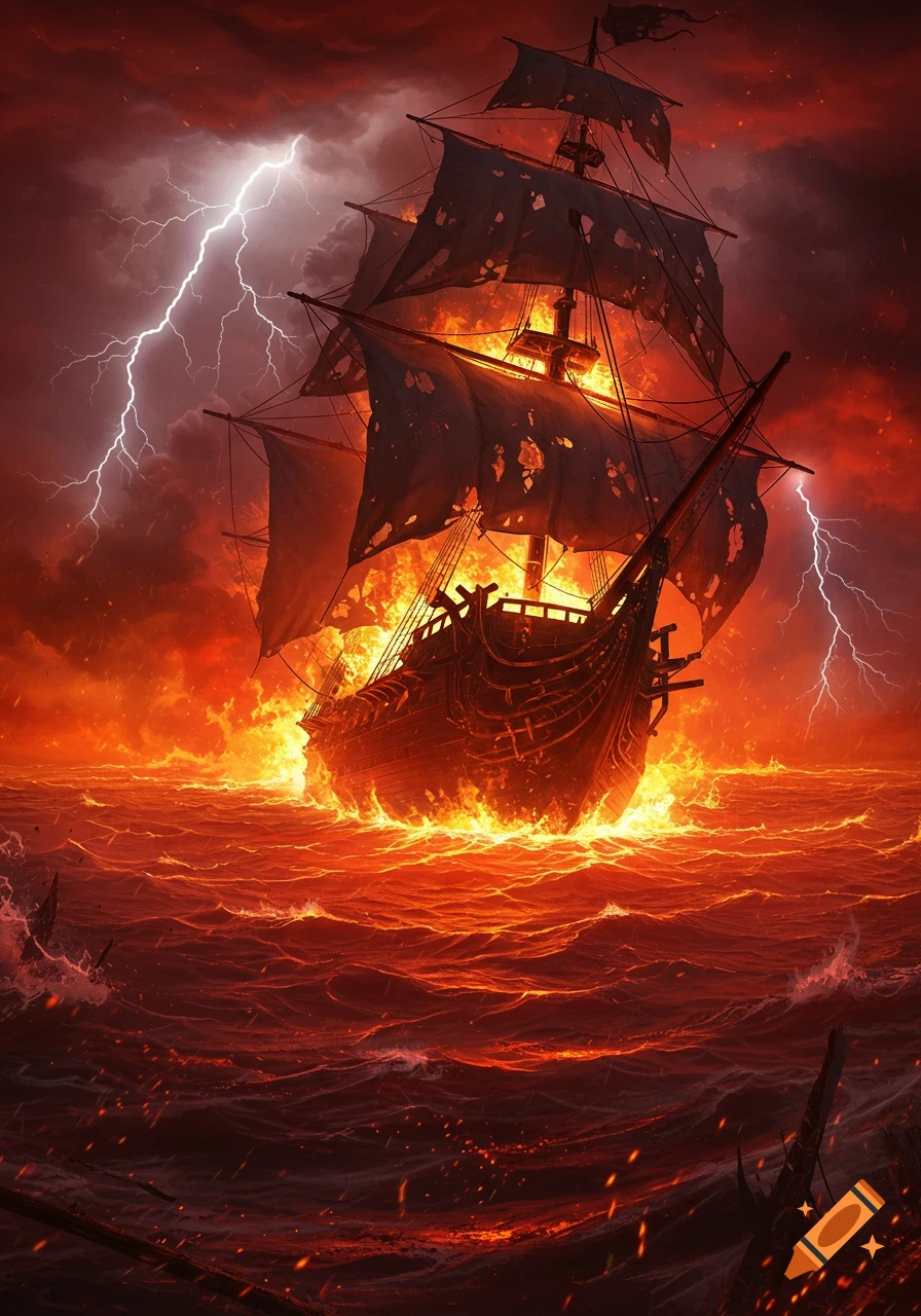 A ghost ship ablaze in a fiery, stormy ocean with lightning bolts striking from a dark red sky.