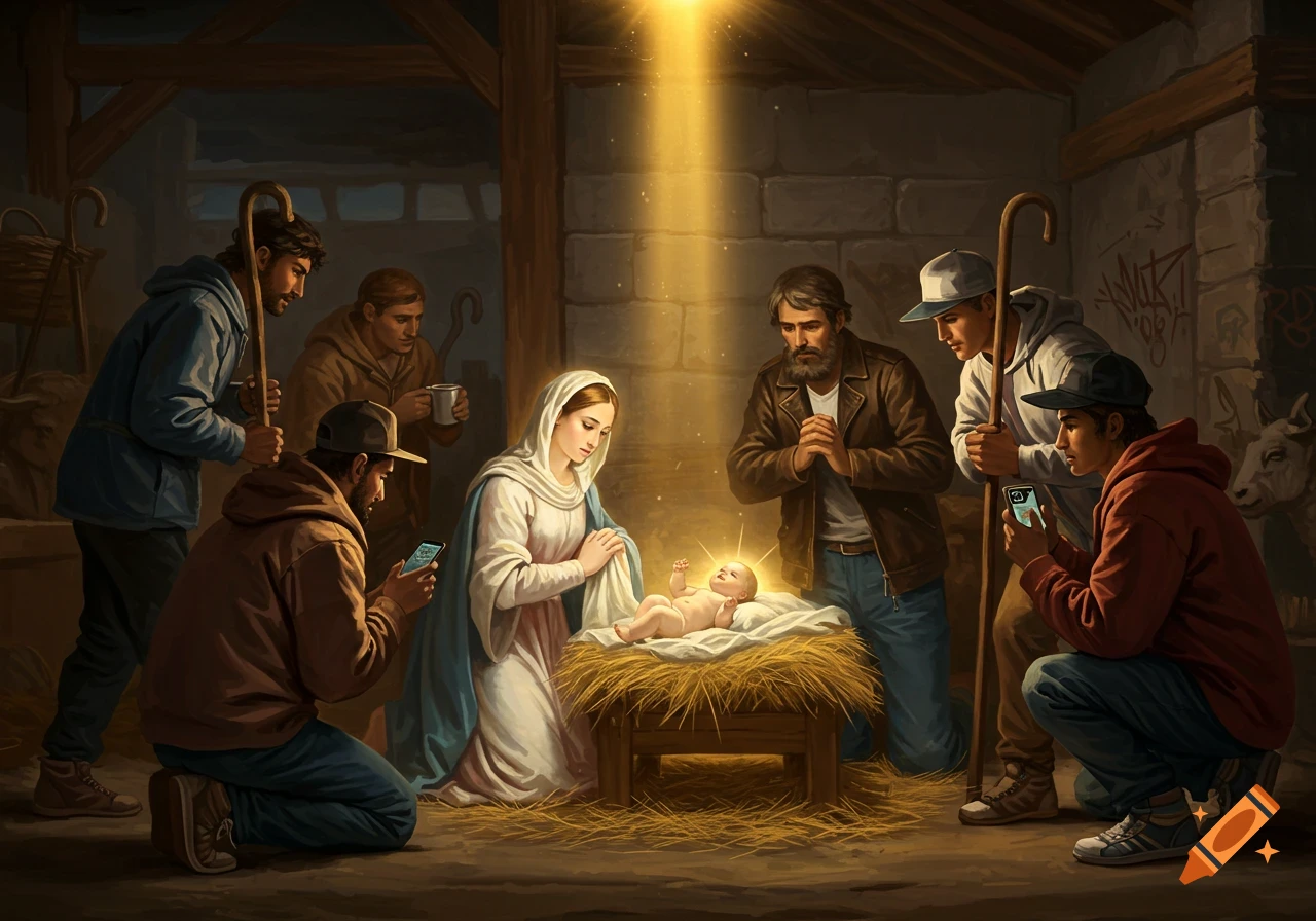 Modern Nativity scene illustration: Mary, Joseph, and baby Jesus in a glowing manger, surrounded by urban-dressed shepherds with phones.