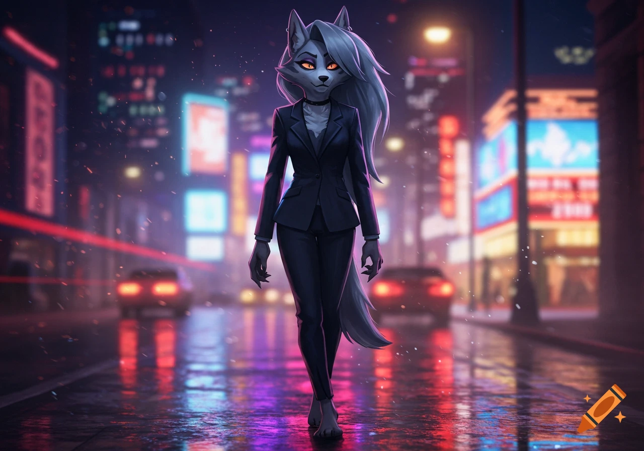 Anthropomorphic wolf Loona in a dark suit, walking barefoot on a wet, neon-lit city street at night, animated style.