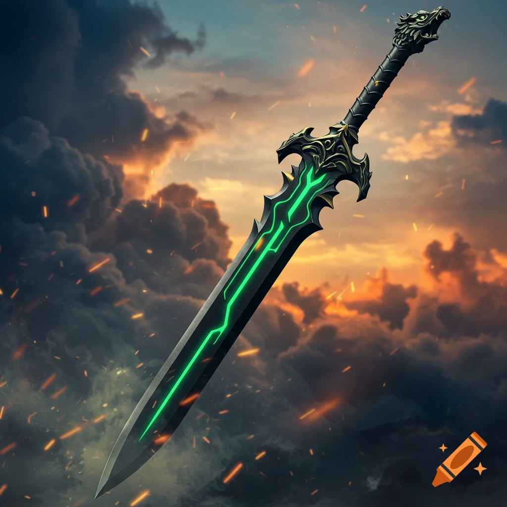 A black fantasy sword with glowing green lines, a dragon-head pommel, and gold accents, set against a dramatic, fiery sunset sky.