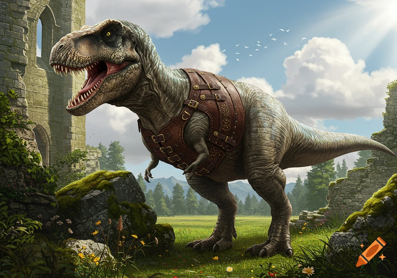 A large, realistic T-Rex wears a brown leather medieval corset, standing in a field with ancient ruins, mossy rocks, and trees under a cloudy sky.
