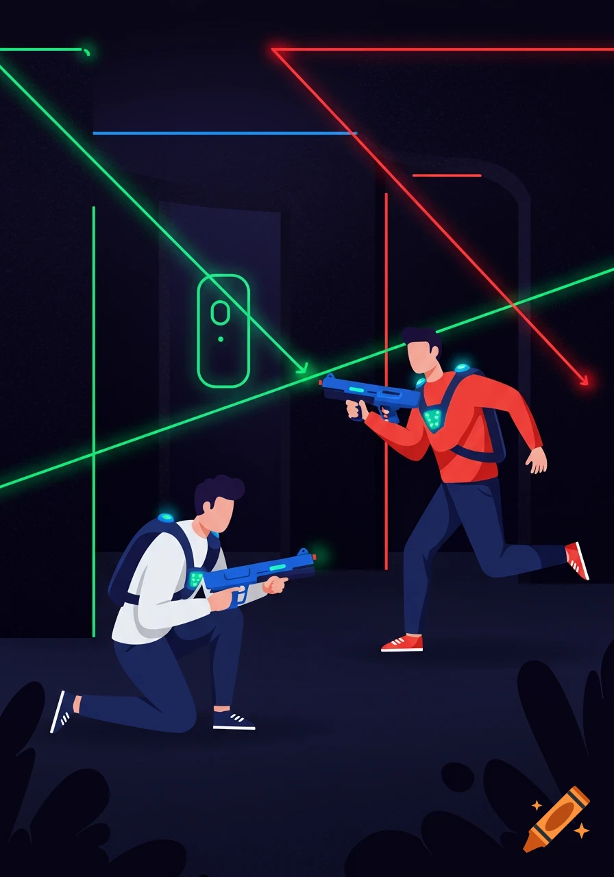 Two men playing laser tag in a dark arena with glowing green and red laser beams, stylized illustration.