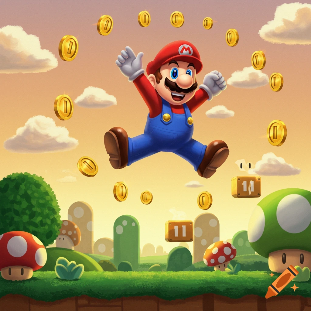 A cartoon Mario jumps among gold coins, mushrooms, and blocks in a vibrant green landscape under a sunny sky.