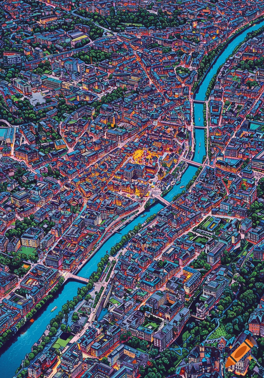 Psychedelic aerial illustration of a vibrant city with a river flowing through it, glowing with colorful lights and a cartography style.