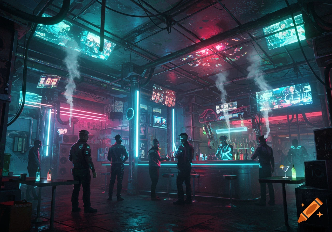 A dark, atmospheric cyberpunk bar scene with neon lights, futuristic screens, and several shadowy figures.