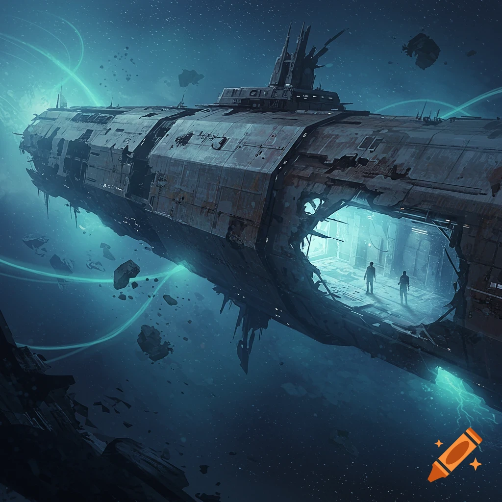 A derelict spaceship floats in space, glowing with blue light from a large breach where two small figures stand.