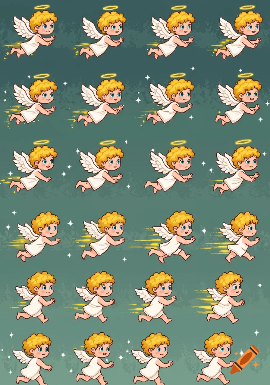Pixel art sprite sheet featuring a cartoon cherub in various frames of flying and running, with a halo and wings, against a dark, starry background.