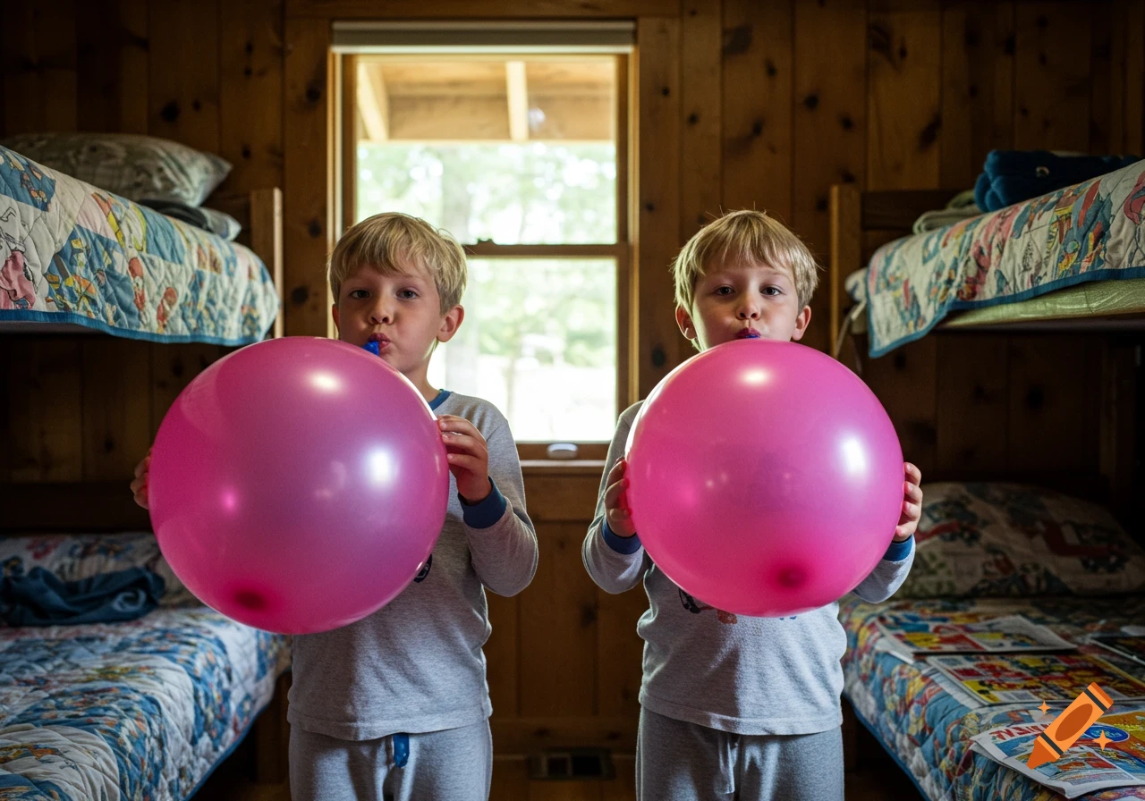 Two young boys in pajamas inflate large pink balloons side-by-side in a cozy wooden room with bunk beds.