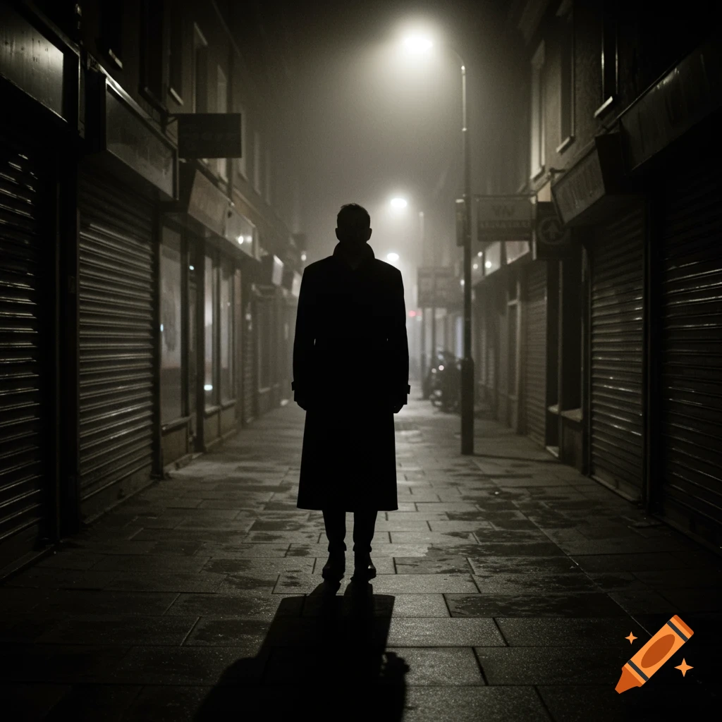 A silhouetted figure stands still in a dark, foggy urban alley at night, lit by a single streetlamp.