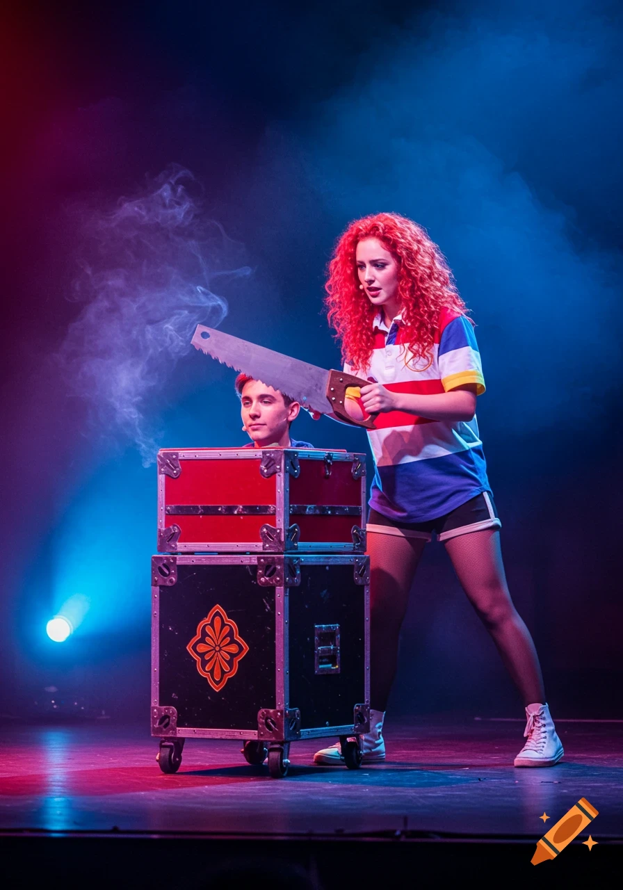 A woman with red curly hair performs a magic trick, holding a large saw over a man's head emerging from a box on stage.