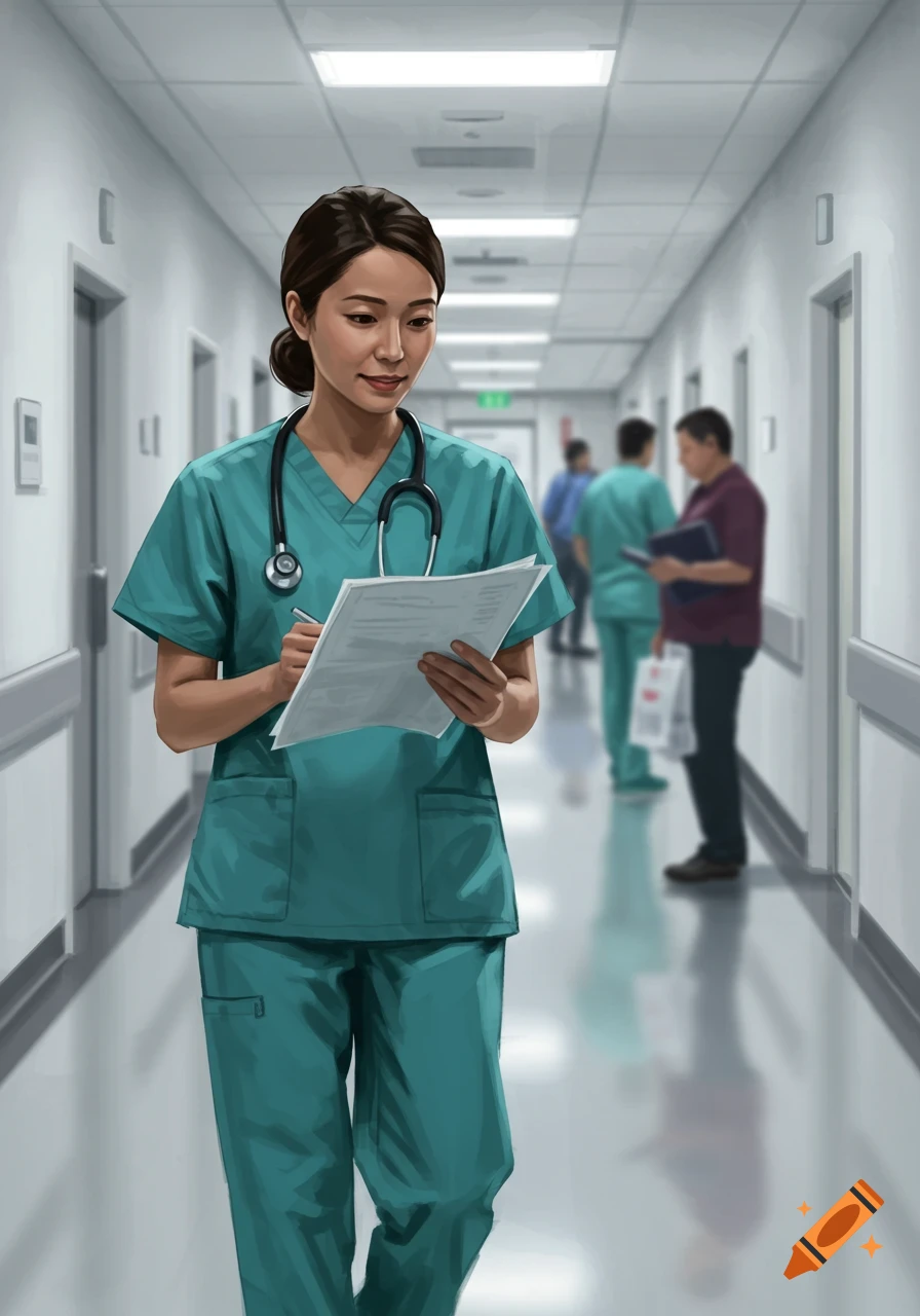 An Asian nurse in teal scrubs with a stethoscope around her neck, holding papers and a pen, walks down a hospital hallway. The image is an illustration.