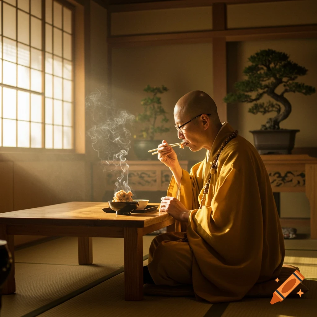 A bald monk in a golden robe sits on the floor at a low table, eating steaming food with chopsticks in a sunlit room with a bonsai.