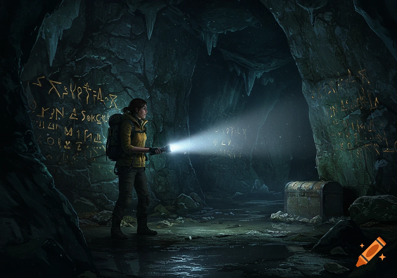An explorer uses a flashlight to illuminate ancient symbols on a dark cave wall next to an old chest, in a realistic, suspenseful scene.