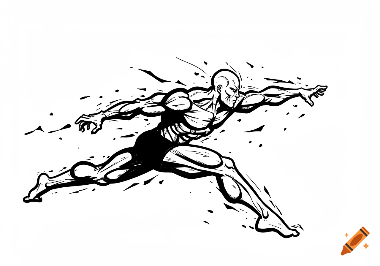 A dynamic black and white comic-style outline drawing of a muscular man lunging forward with abstract motion lines.
