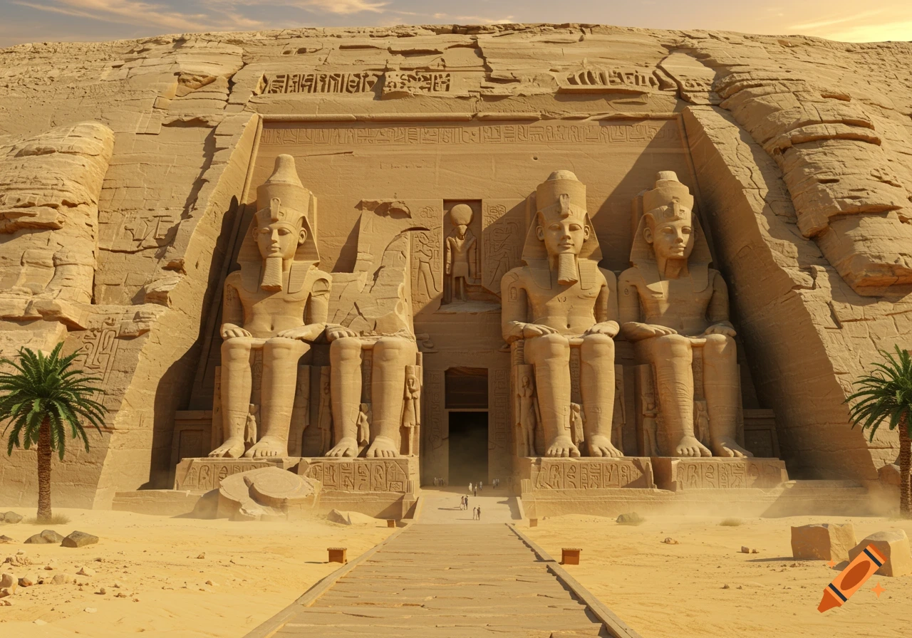 Ancient Egyptian Great Temple of Ramesses II at Abu Simbel, with four colossal seated statues carved into a sandstone cliff, path in foreground.