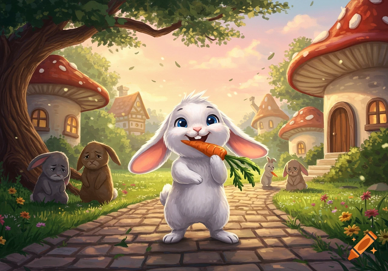 Better Rabbit Cartoon Poor A happy white cartoon rabbit eats a carrot on a path in a whimsical ...