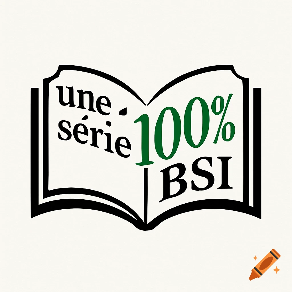 A logo in the shape of an open book, with the text "une s bBSI" on the pages. "100%" is colored green.
