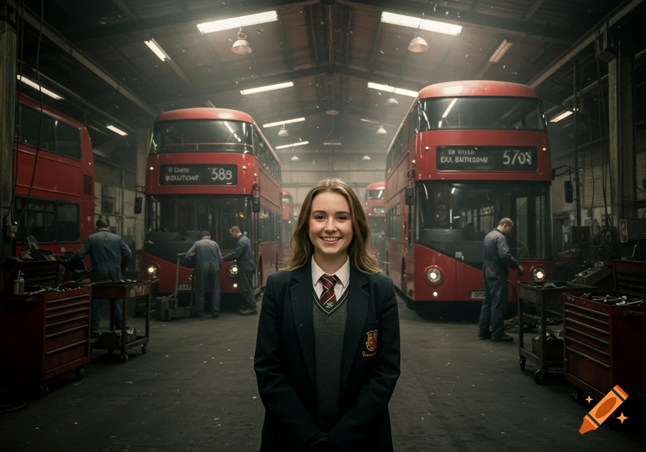 A smiling young woman in a school uniform stands in a grimy British bus garage with mechanics working on red double-decker buses.