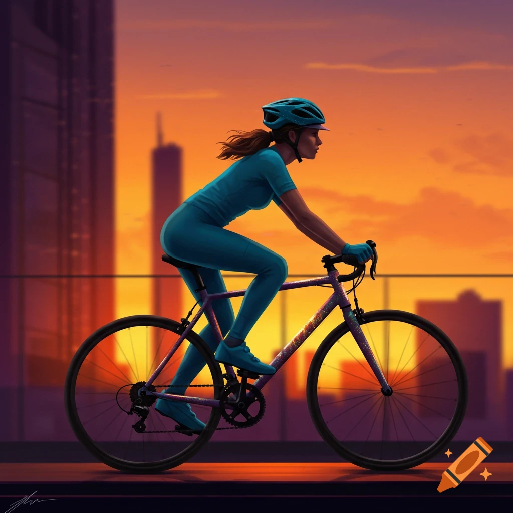 A woman in a blue cycling suit and helmet rides a bicycle against a vibrant sunset city skyline, illustration.