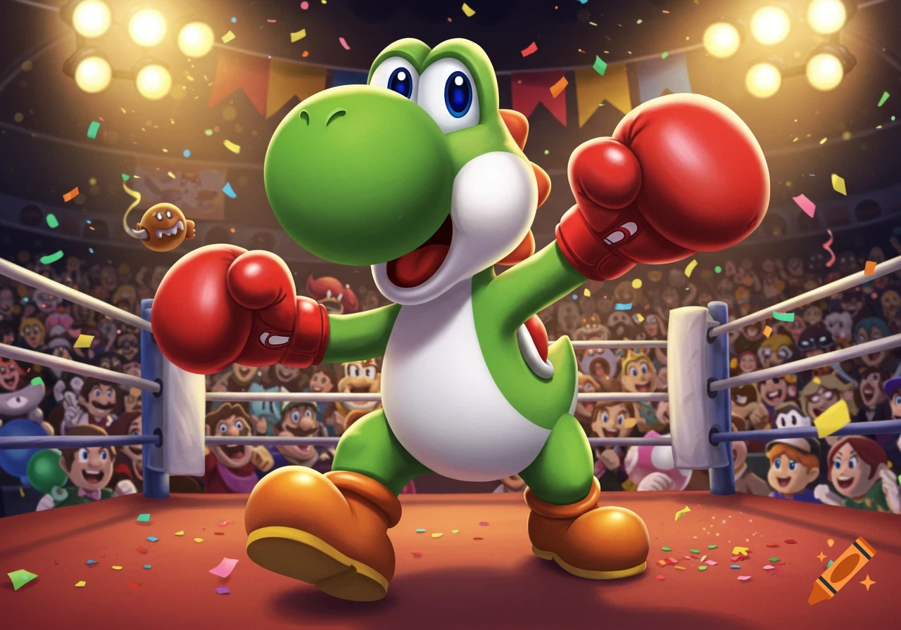Yoshi in red boxing gloves poses triumphantly in a bright boxing ring with confetti and a cheering crowd.