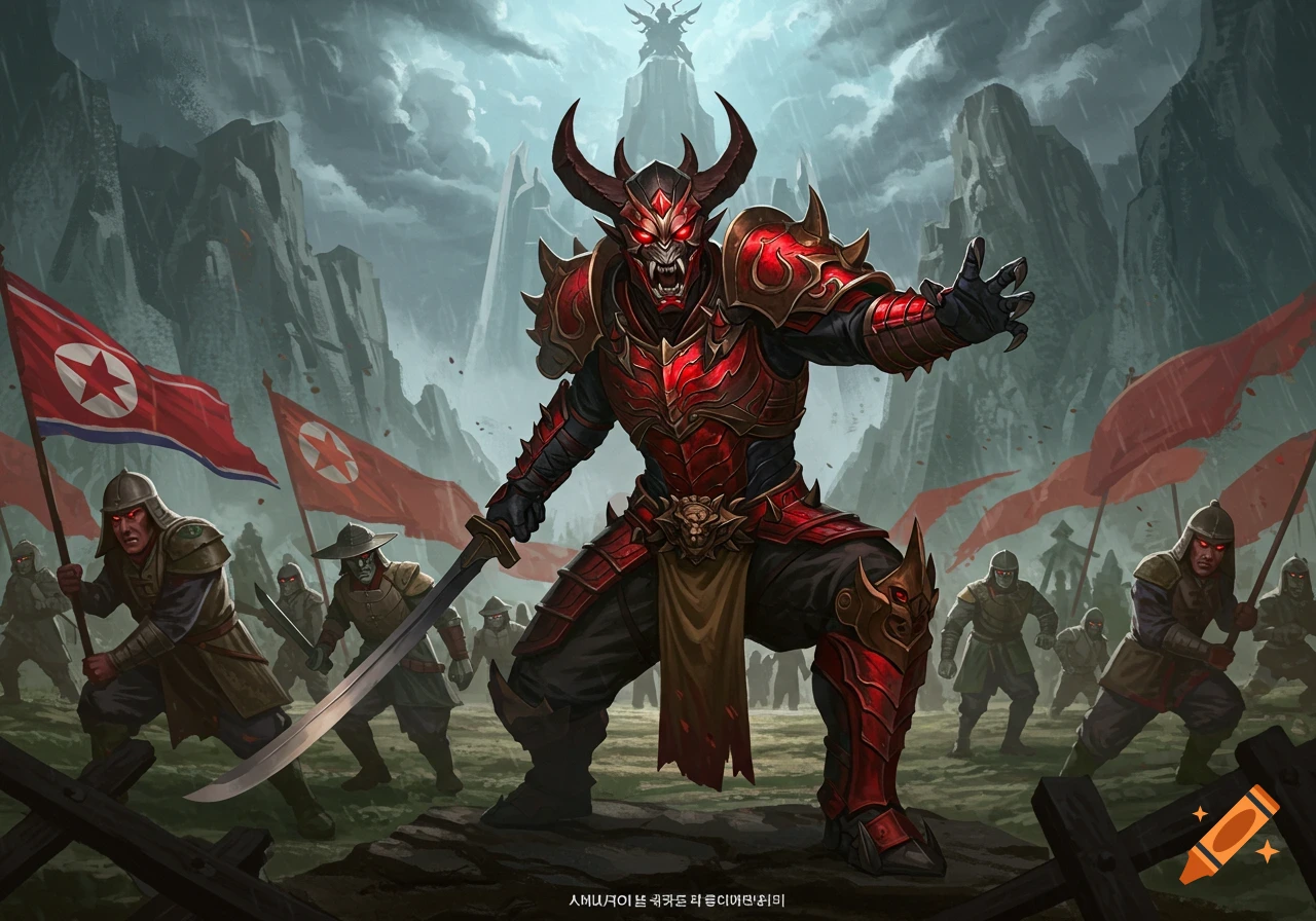 A demon-like warrior in red and black armor with horns and glowing red eyes leads an army under red flags resembling North Korean flags, in a dramatic, propaganda-style fantasy battle scene.