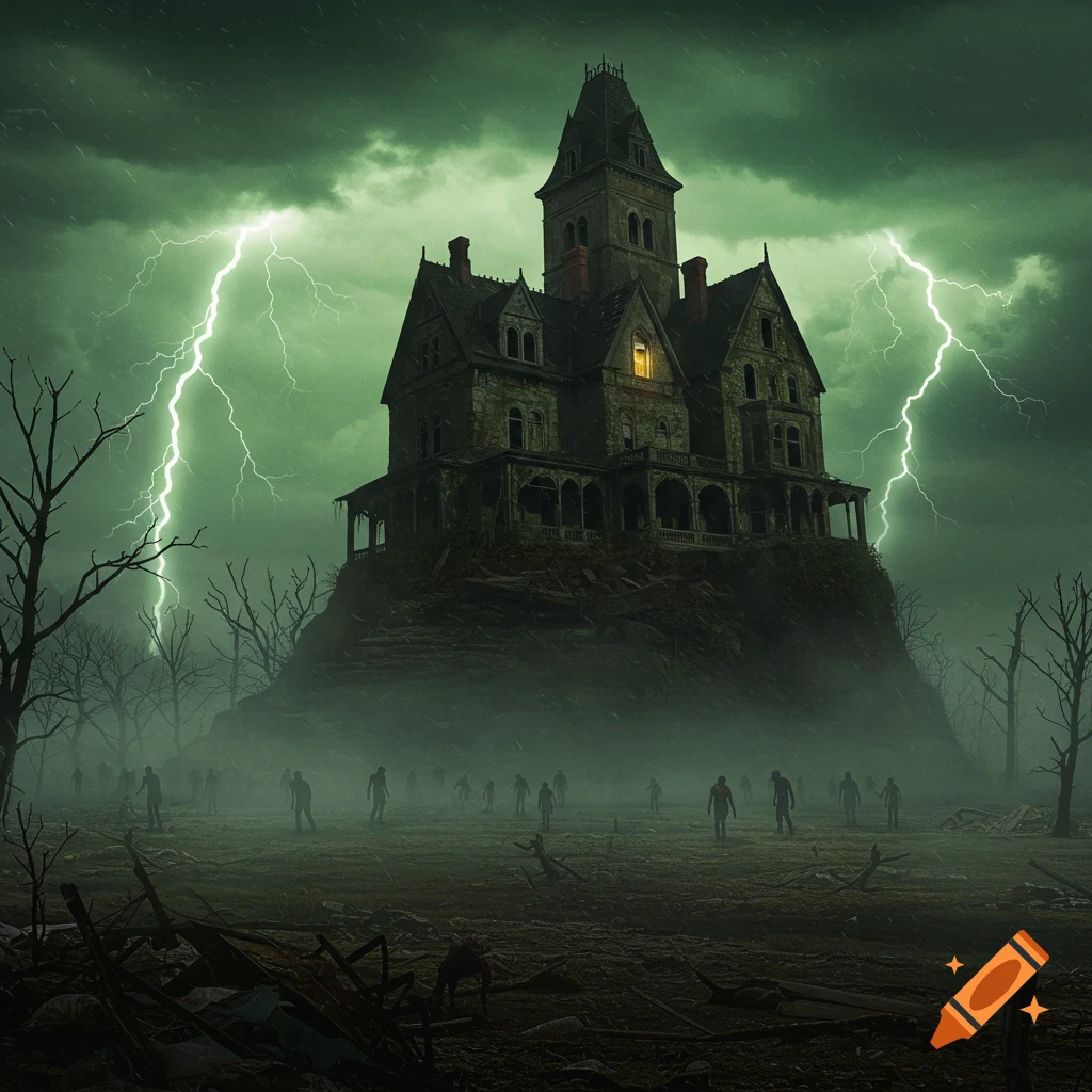 A spooky gothic mansion on a hill under a green stormy sky with lightning, surrounded by zombies and dead trees in a misty, barren landscape.