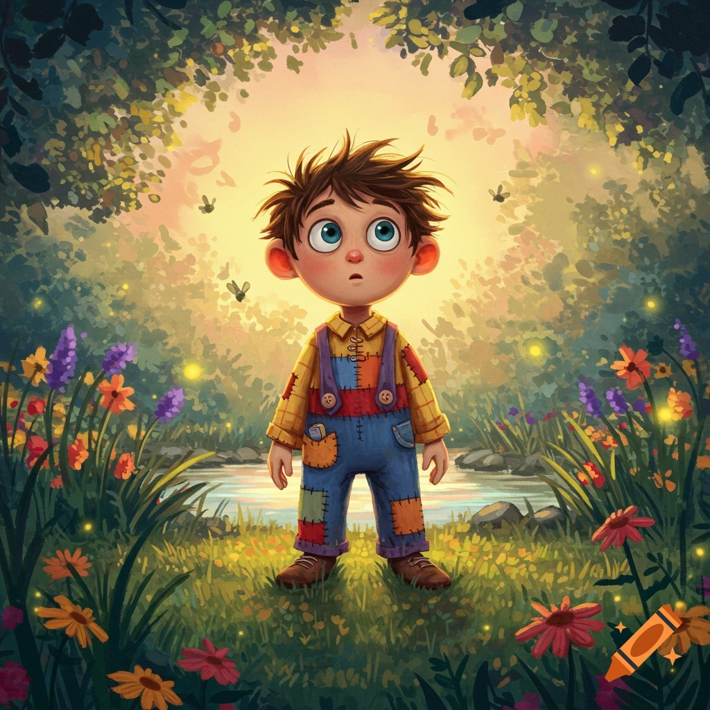 A whimsical illustration of a wide-eyed boy in patched overalls standing in an enchanted forest with colorful flowers and fireflies.