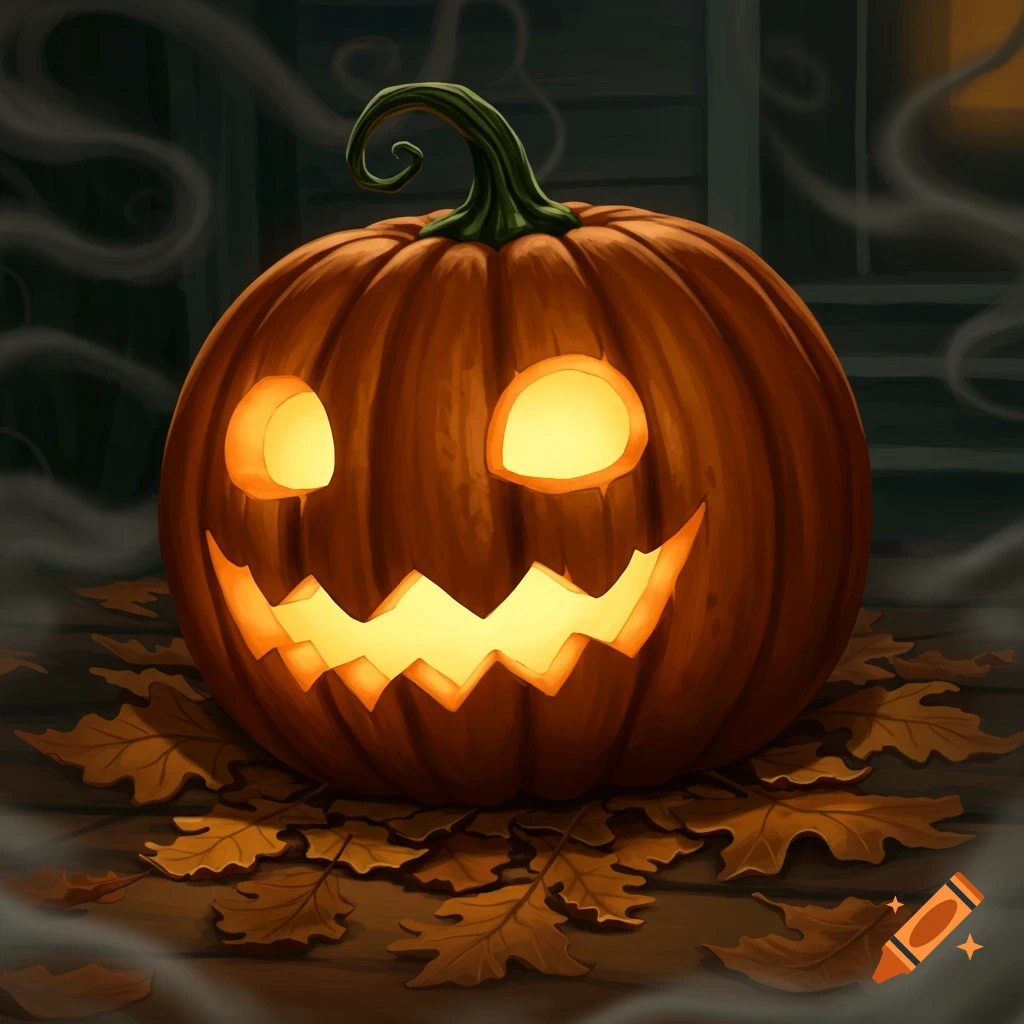 A glowing jack-o'-lantern with a carved, scary smile and eyes sits on a wooden surface covered in autumn leaves, with smoke swirling in the background.