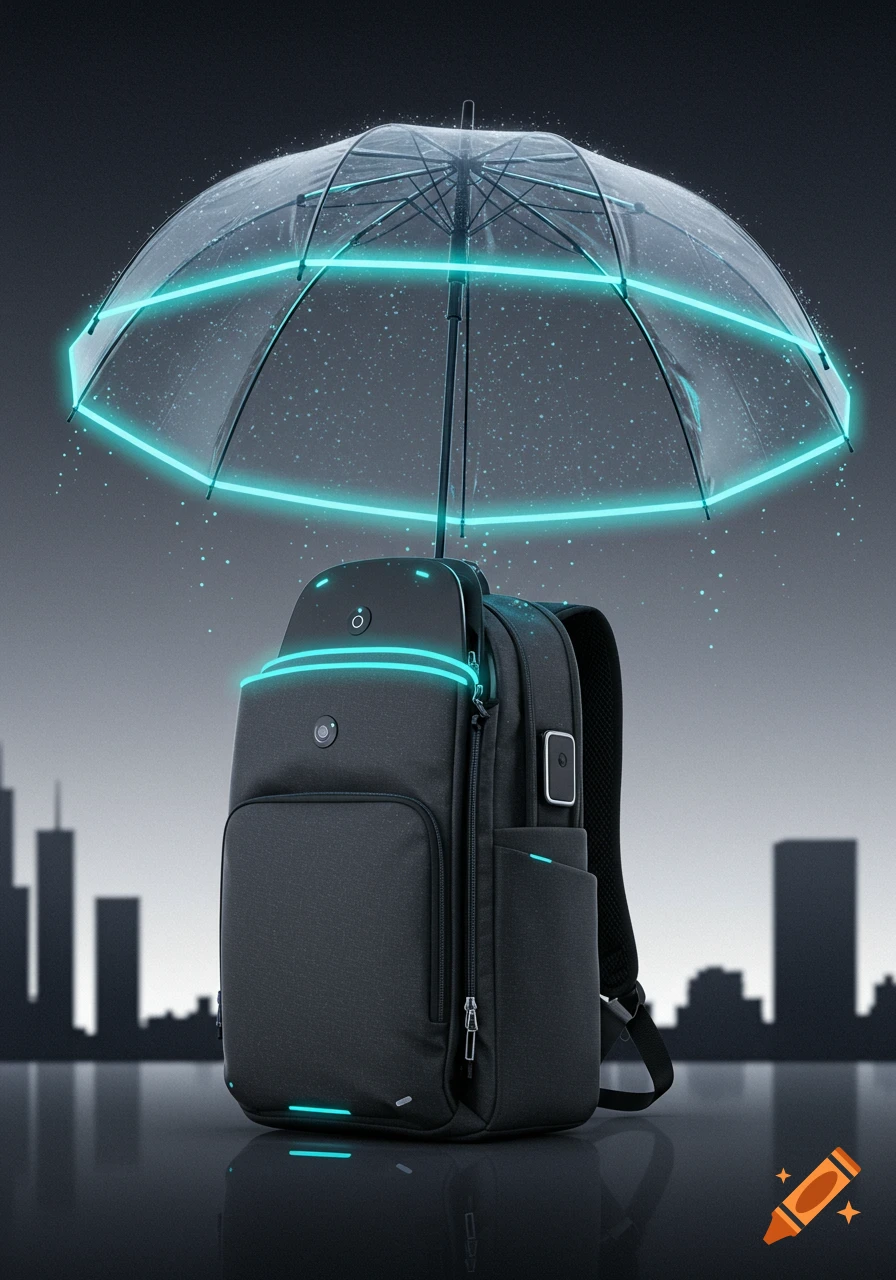 A sleek black backpack with glowing cyan accents and a transparent umbrella with a matching glowing ring, set against a dark city skyline.