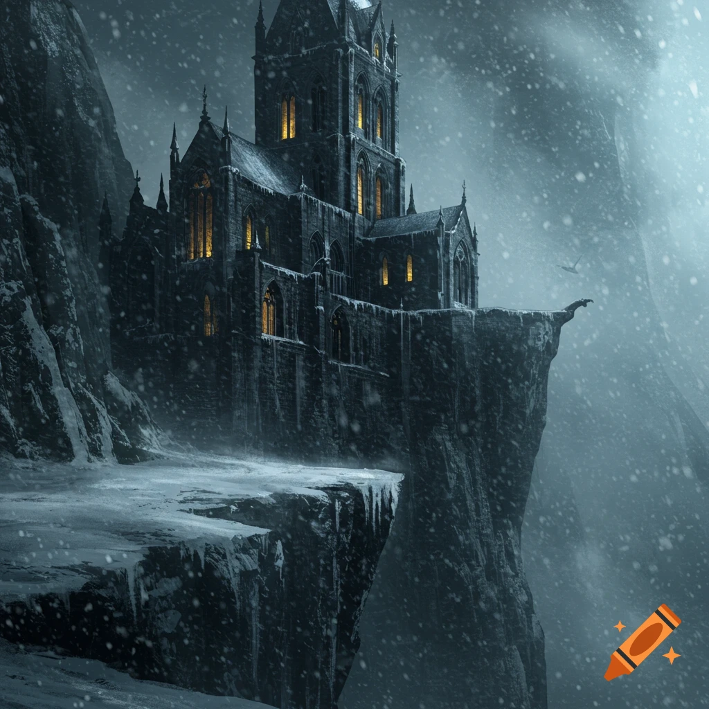 A dark gothic castle stands atop a snow-covered cliff during a blizzard, lit by eerie golden windows in a fantasy art style.