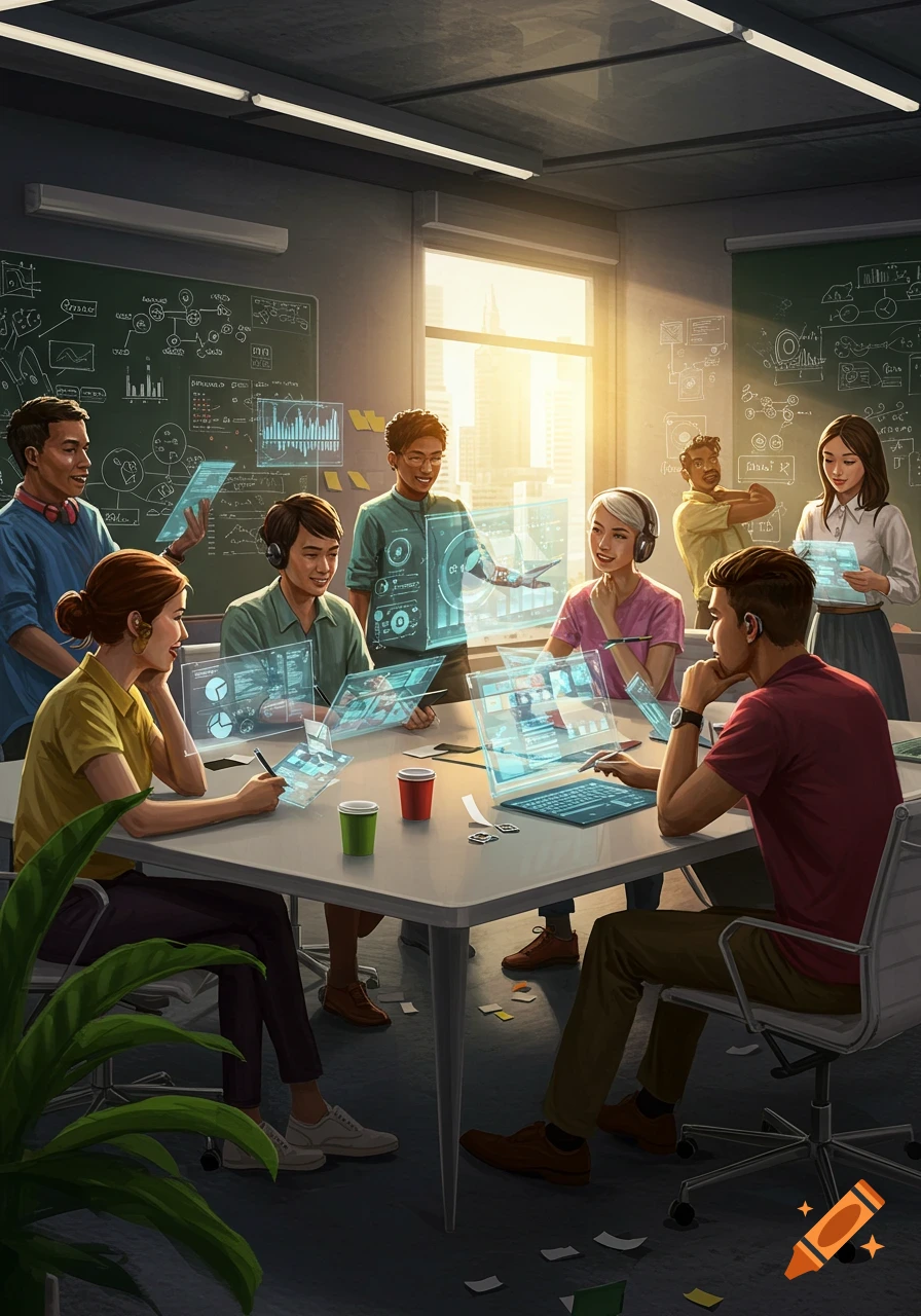 A diverse group of professionals in a modern office collaborating around a table with holographic interfaces, with graphs on a blackboard behind them.