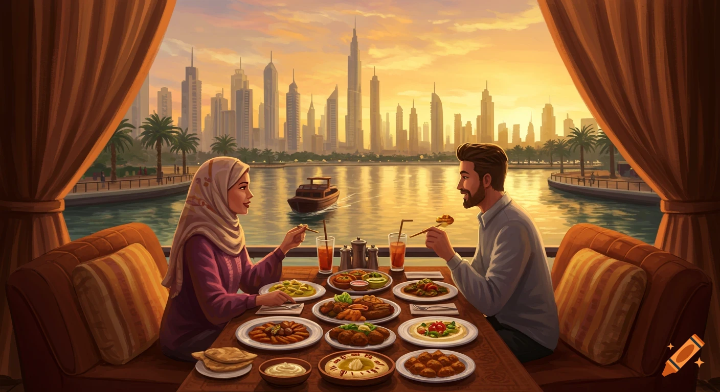 Illustrated image of a couple enjoying an Arabic buffet at a restaurant with a Dubai canal cityscape and sunset view.