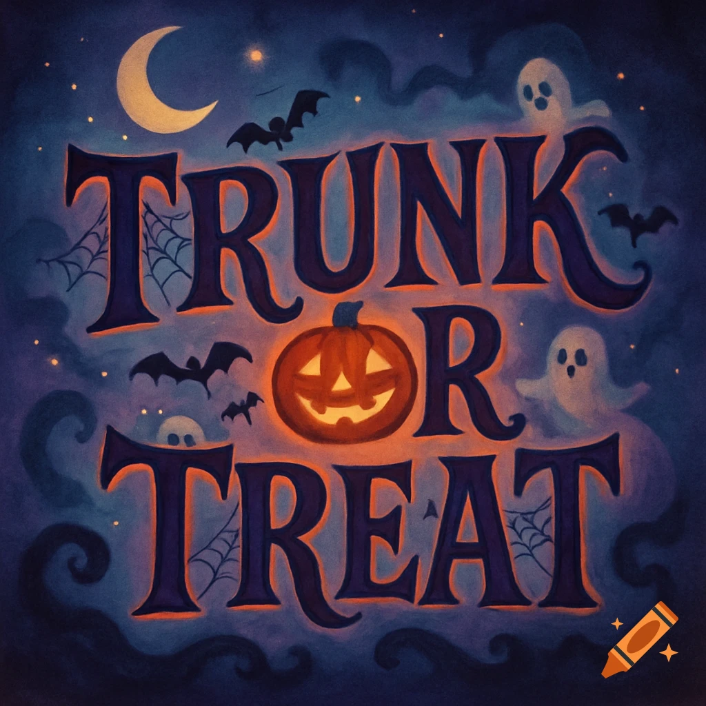 Halloween illustration featuring 'TRUNK OR TREAT' text, with a glowing jack-o'-lantern replacing the 'O' in 'OR', bats, ghosts, and a crescent moon against a starry night sky.