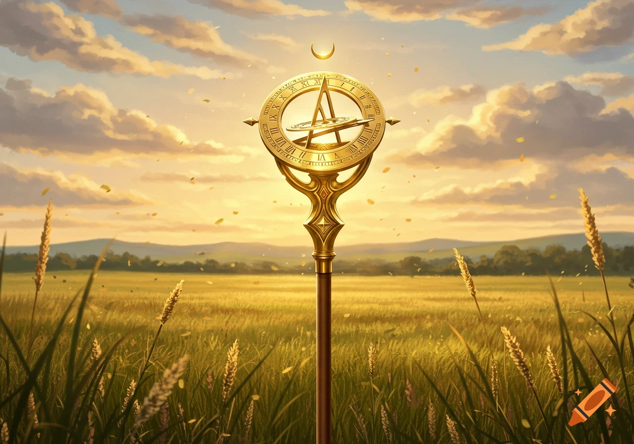 A golden staff topped with an intricate sundial stands prominently in a sun-drenched, golden grassy field at sunset.
