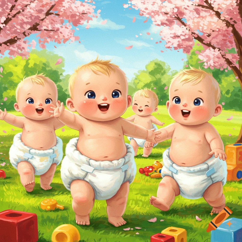 Cartoon babies in diapers play joyfully on green grass under cherry blossom trees.