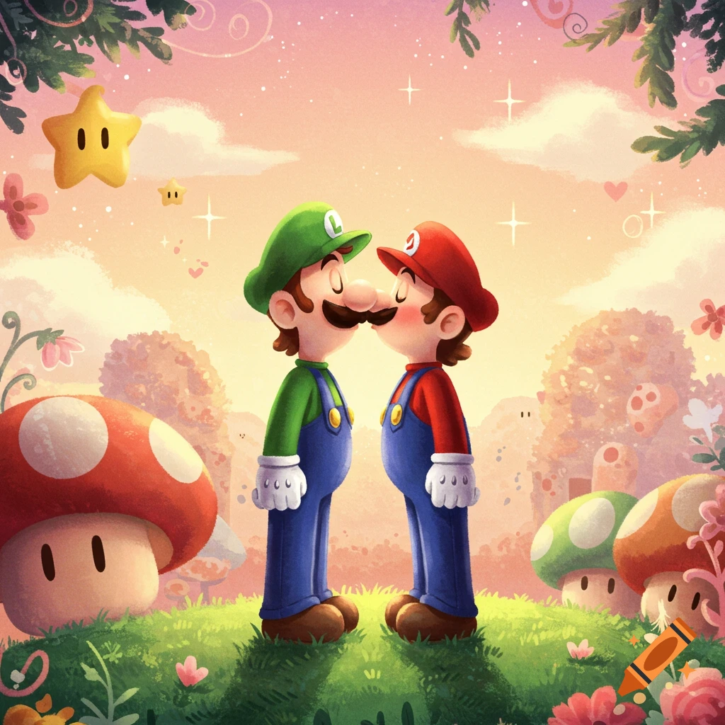 Mario and Luigi nose-to-nose in a whimsical, colorful landscape with mushrooms and stars, in a cartoon art style.