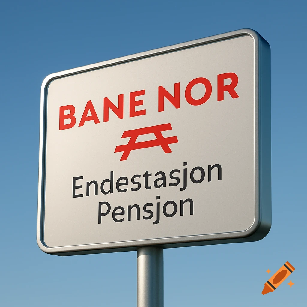 A photorealistic image of a white rectangular sign on a pole against a clear blue sky. The sign has "BANE NOR" in red, a red stylized logo, and "Endestasjon Pensjon" in black text.