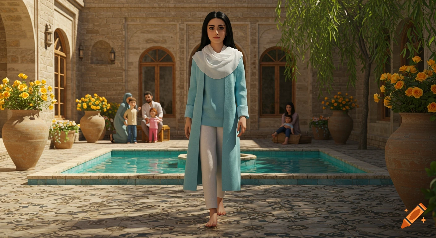 A woman in a blue coat and white scarf stands in a sunny Iranian villa courtyard with a pool, yellow roses, and a family in the background. Realistic style.