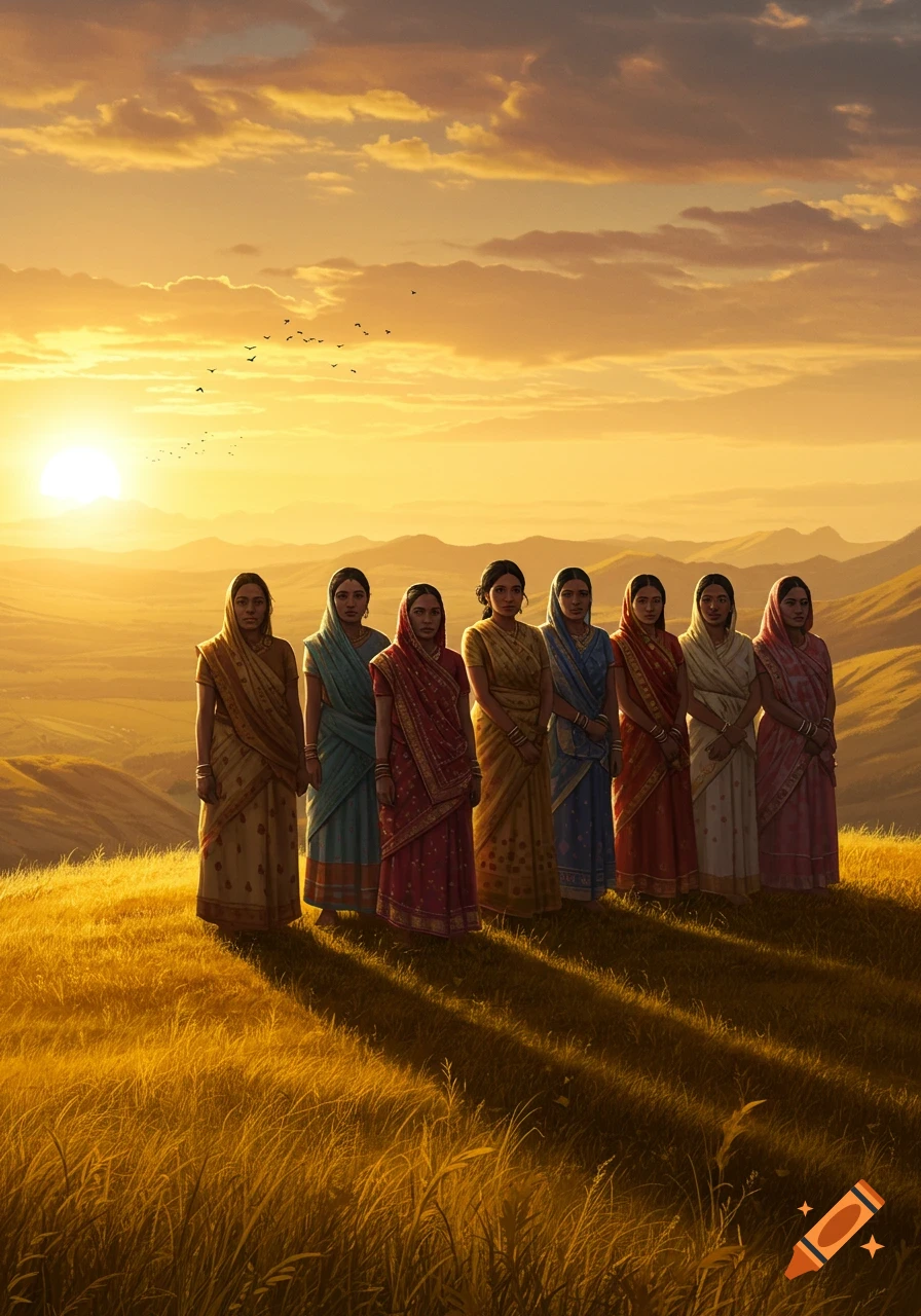 Seven women in colorful traditional attire stand in a golden field at sunset with hills in the background.