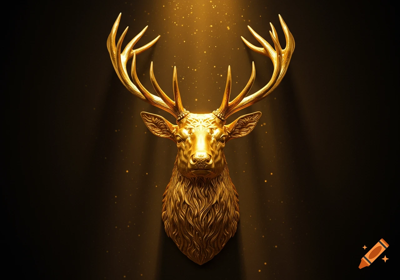 A dramatic, golden deer head with large antlers glows against a dark background with sparkling dust particles.