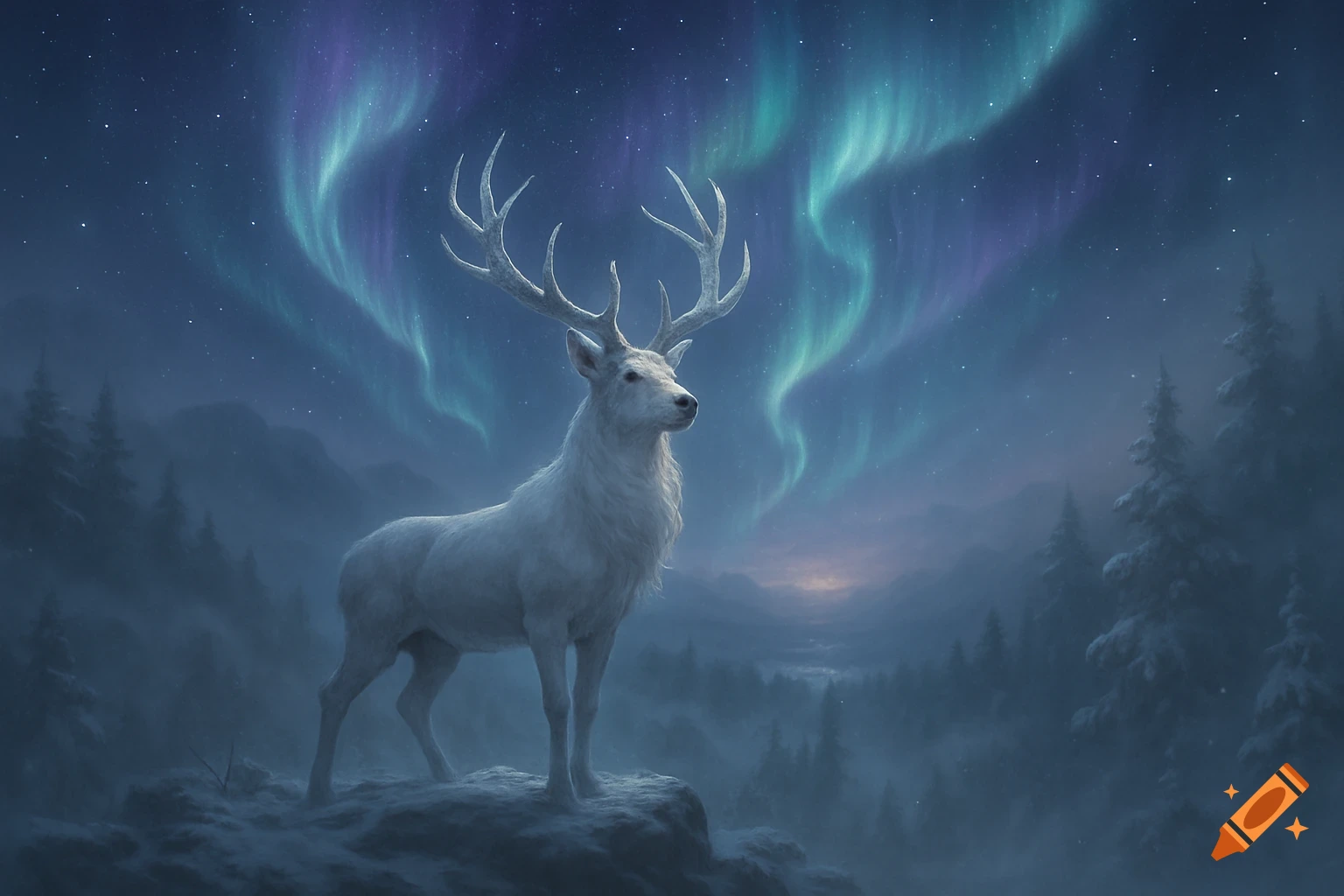 A majestic white deer stands on a snowy rock under a vibrant aurora borealis in a mystical winter landscape.