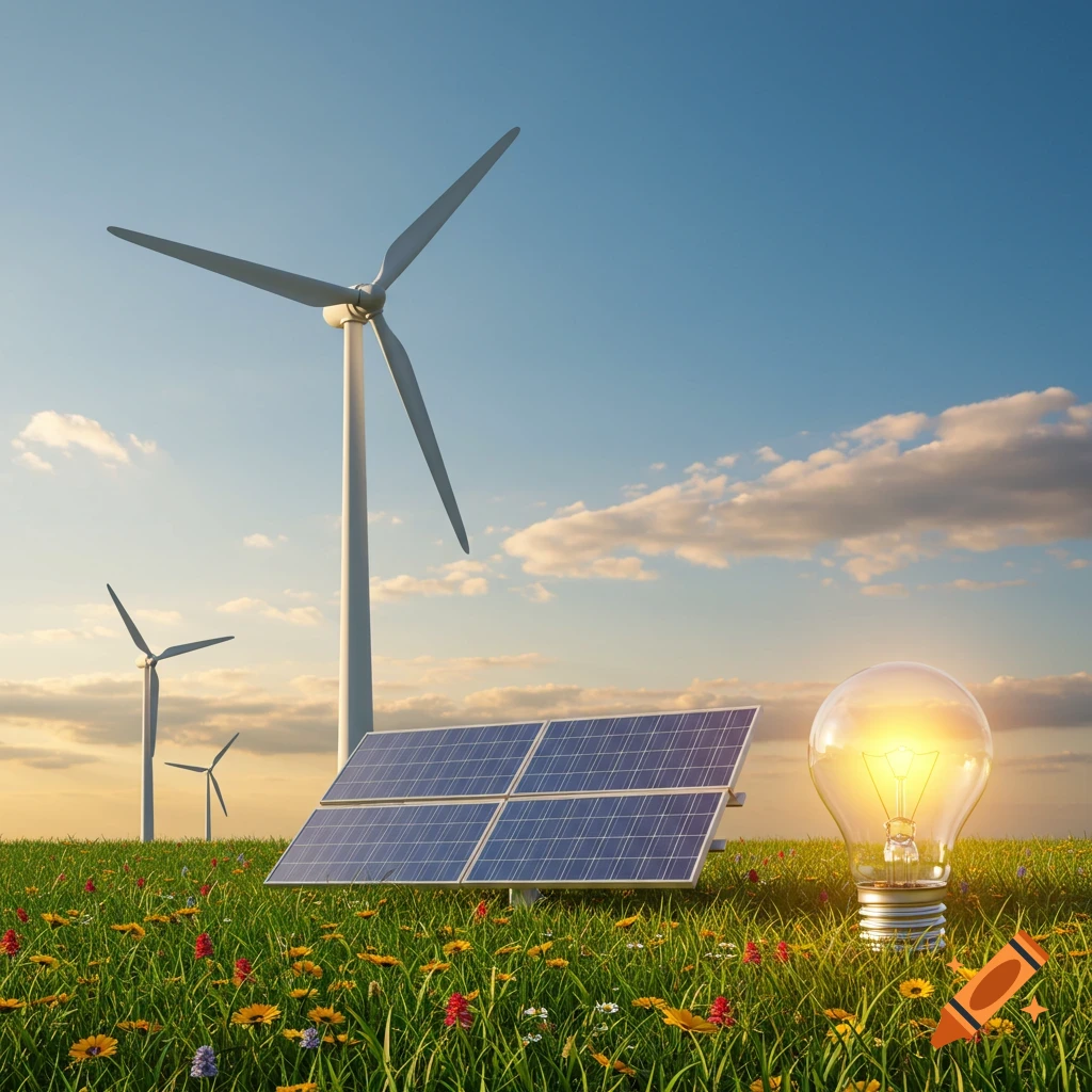 Wind turbines and solar panels in a field of wildflowers with a glowing light bulb, under a blue sky.