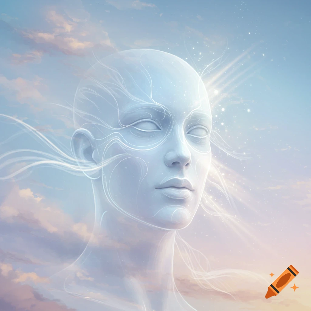 Ethereal, translucent human head with closed eyes merging into a pastel cloudy sky with light rays and sparkles.