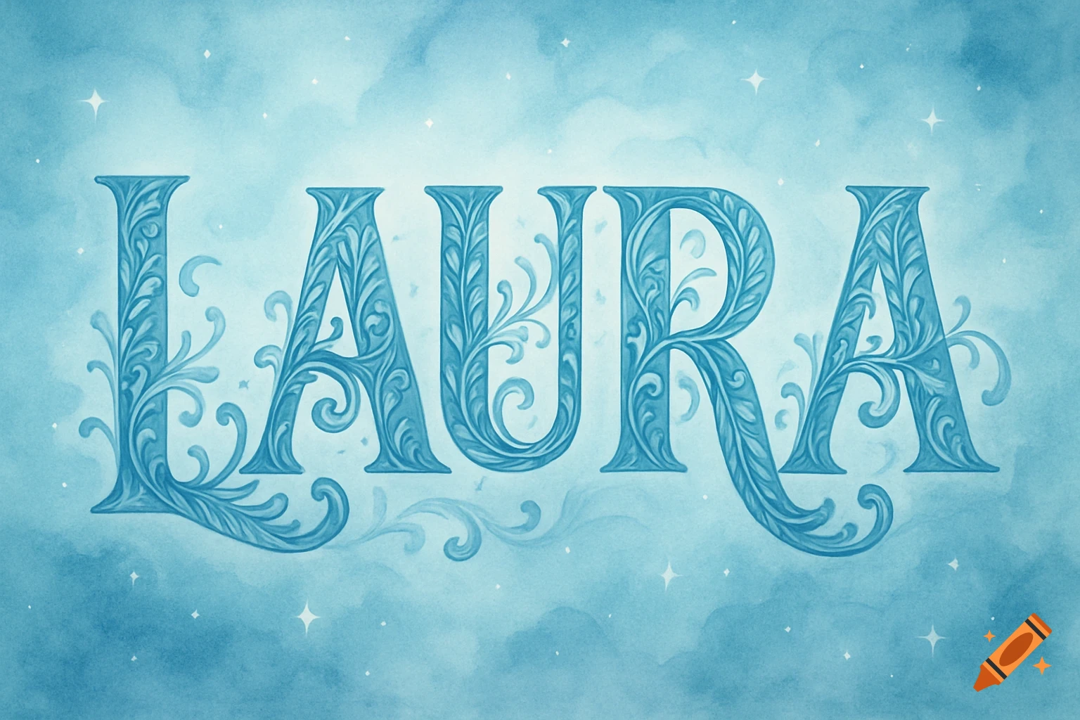 The name LAURA in ornate, flowing blue letters against a dreamy, light blue watercolor background with subtle stars.