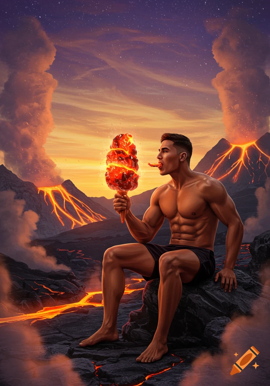 Muscular man sitting on a rock in a volcanic landscape at sunset, eating an ice cream cone made of glowing lava.