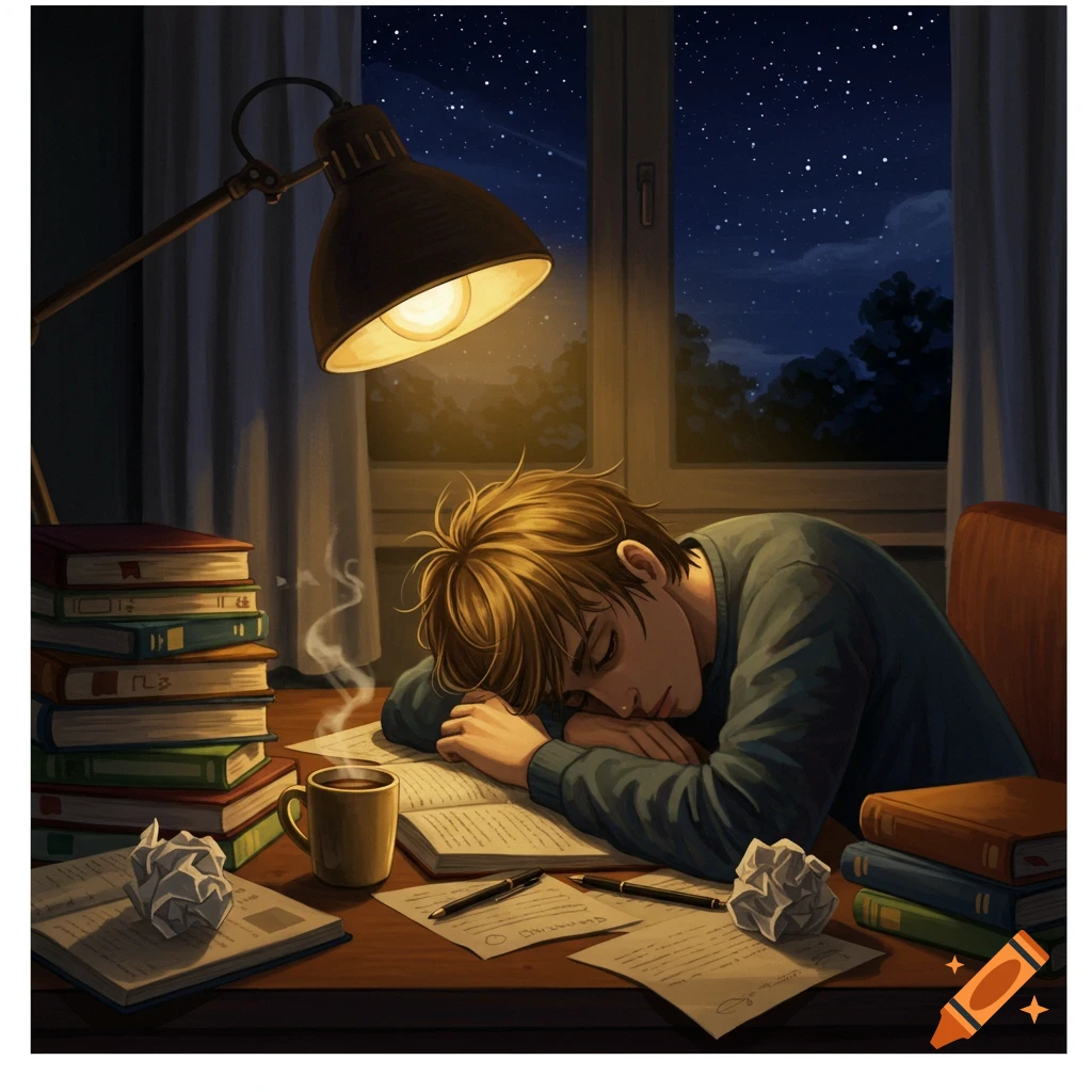 An exhausted student sleeps face down on an open textbook at a desk under a warm lamp at night, surrounded by books and papers.