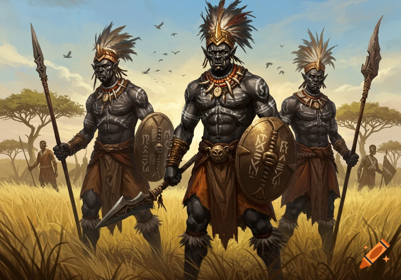Three dark-skinned orc warriors in tribal attire stand with spears and shields in an African savanna landscape, detailed fantasy art.