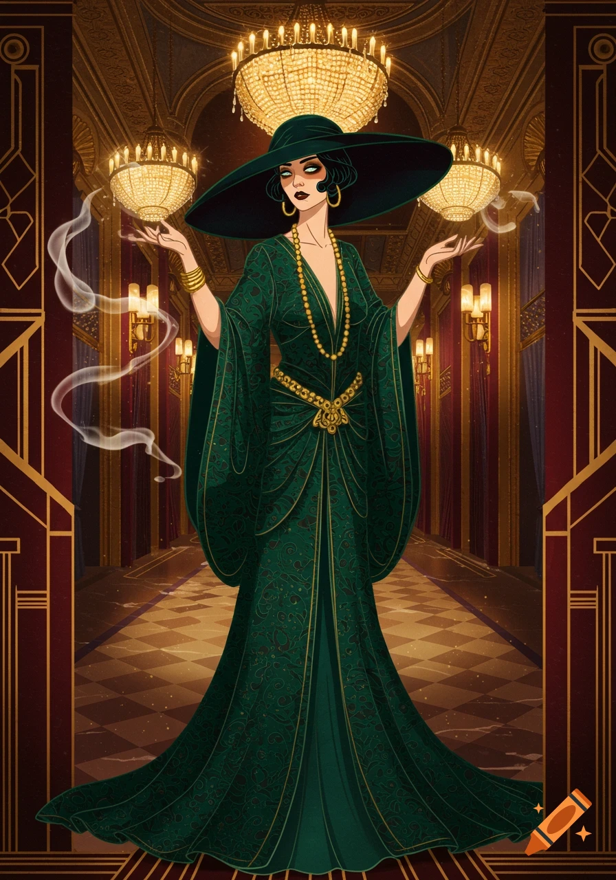 An elegant woman in a dark green Art Deco dress and wide-brimmed hat stands in a grand hallway, emitting smoke from her hands.